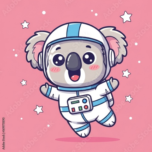 Cute Koala Astronaut Floating in Space with Stars Cartoon Vector Icon Illustration. Animal Science Icon Concept Isolated Premium Vector. Flat Cartoon Style.