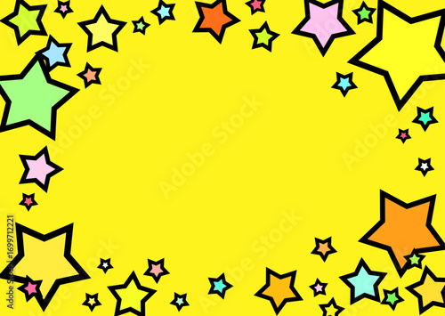 カラフルな星が飛び出すポップで目立つ黄色背景イラストフレーム　横
