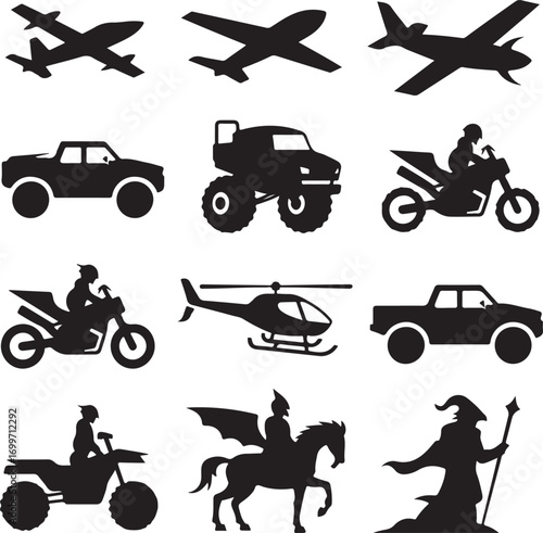 Collection of Silhouetted Vehicles and Fantasy Figures Keywords: airplane, jet, aircraft, car