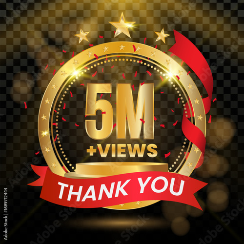 5M Views Logotype with Gold and red Confetti Isolated on Black Background, Vector design for video display celebration.