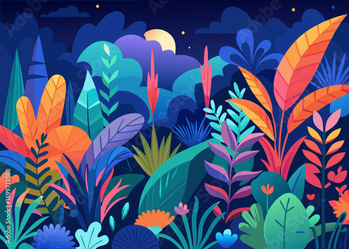 Vibrant tropical jungle at night with a full moon