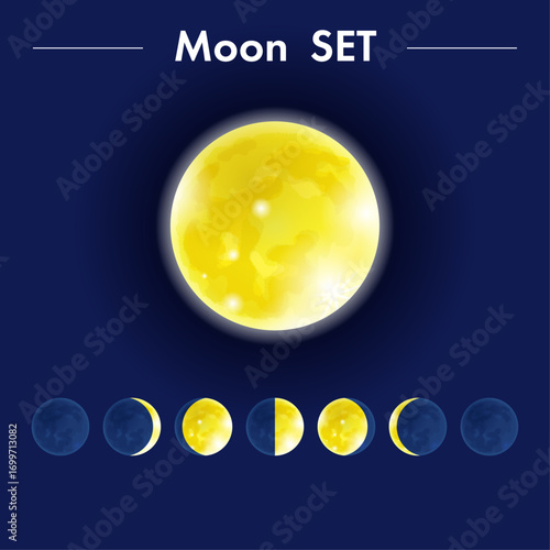 Moon Phases Set Vector Illustration – Full Moon, Crescent, Half Moon Cycle