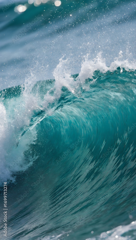 Obraz premium Dynamic teal ocean swell breaking near shore