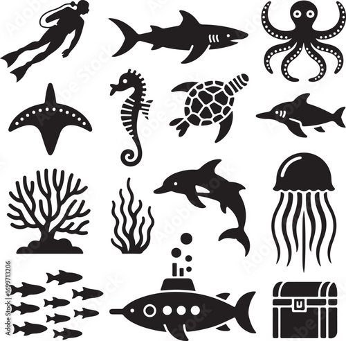 Diverse Underwater Marine Life and Ocean Exploration Icons Keywords: scuba diver, shark, octopus