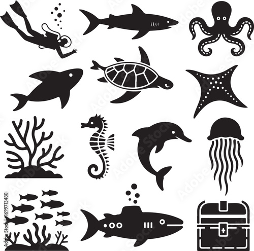 Underwater Marine Life and Ocean Exploration Icons Set Keywords: scuba diver, shark, octopus