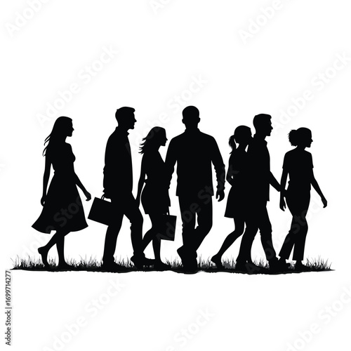 Group of people walking with bags in silhouette vector