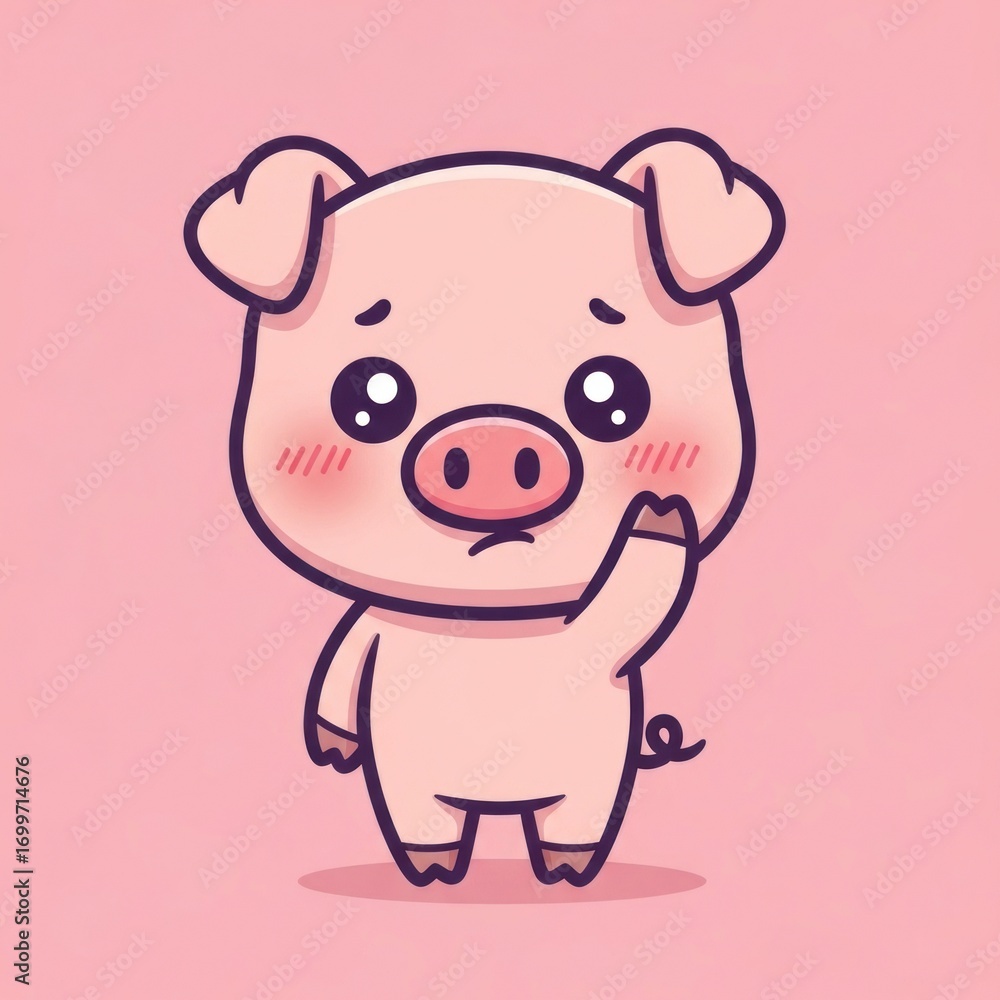 Fototapeta premium Cute Sad Pig Waving Hand Cartoon Vector Illustration.
