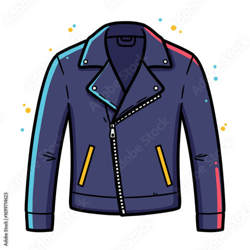 Zipped biker jacket in navy color with colorful accents and details  
