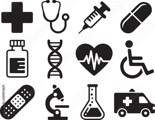 Medical icons and symbols for healthcare, hospital, and clinics