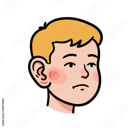 Young boy with blond hair looking serious and thoughtful  