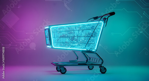 futuristic shopping cart glowing with blue light, representing online commerce and digital transformation