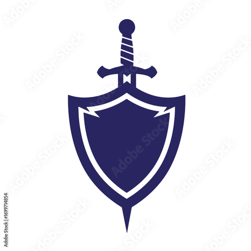 Shield and sword emblem representing security protection defense and heraldry in blue