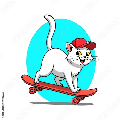 White cat wearing a red cap skateboarding on a red board.