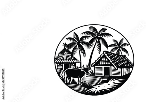 "Linocut Style Rural Bangladeshi Village Scene with Buffalo and Palm Trees – Traditional Black and White Vector Art"