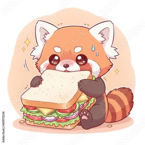 Cute Red Panda Eating a Sandwich.