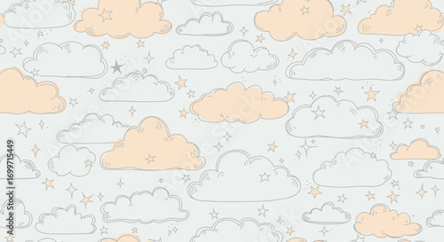 Cute Cloud Vector Pattern with Star Illustration Nursery Design Soft Pastel Colors Hand Drawn Style