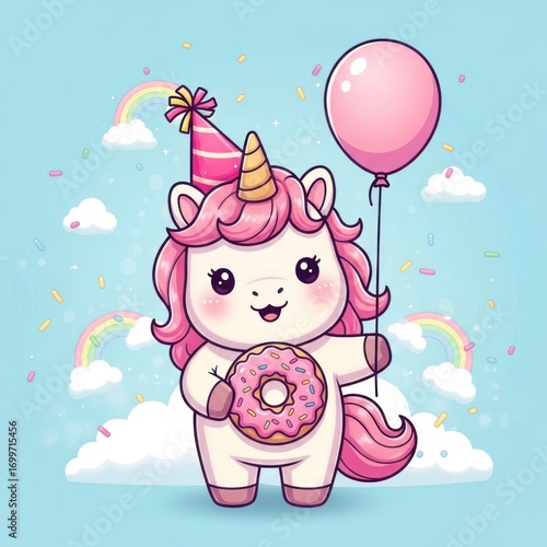Adorable Unicorn Celebrating with Donut and Balloon on Birthday.