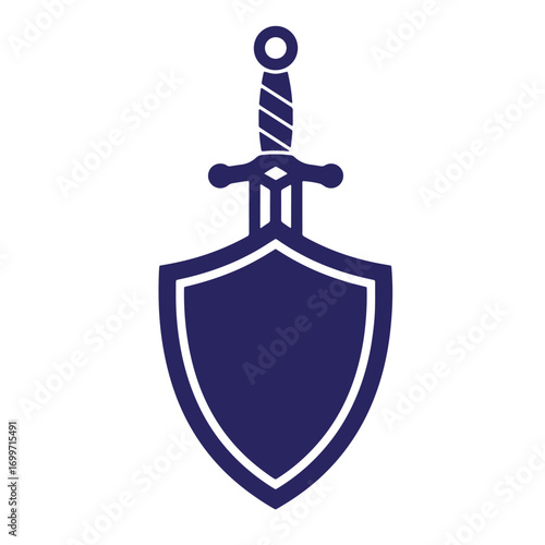 Simple emblem featuring a shield and sword representing protection and defense isolated