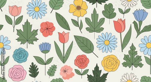 Floral Vector Pattern with Flowers and Leaves Modern Springtime Design