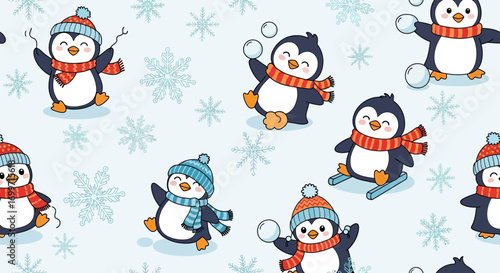 Cute Penguin Vector Pattern with Snowflakes Winter Hats and Scarves Cartoon Illustration Background in Soft Blue Colors
