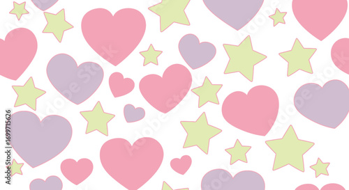Cute Vector Pattern with Pink Heart and Star Shapes in Pastel Colors Flat Design Style