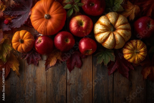 Wallpaper Mural A harvest scene of pumpkins, apples, and autumn leaves arranged on a rustic wooden surface, showcasing warm fall colors. Torontodigital.ca