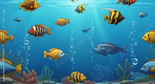 Seamless Vector Illustration of Ocean Floor with Colorful Fish Coral Reefs and Bubbles in Naturalistic Style