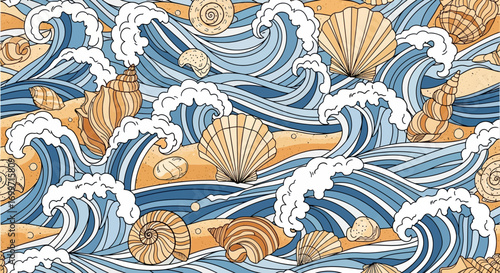 Seamless Ocean Wave Vector Pattern with Seashell Illustration Abstract Style