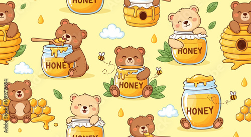 Cartoon Bear Vector Pattern with Honey Pot Illustration Cute Animals and Bees on Light Yellow Background