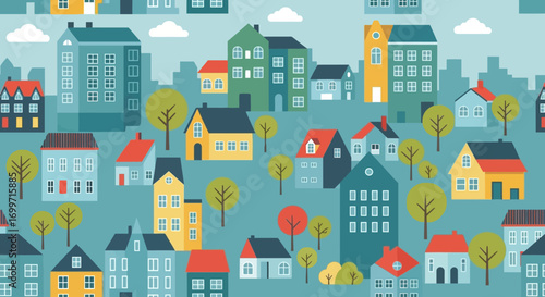 Urban Vector Pattern with Colorful Houses and Trees Modern Geometric Style