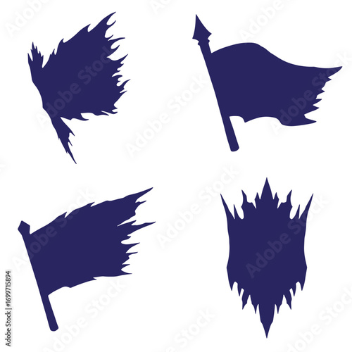 Stylized dark blue silhouettes of torn flags and a heraldic element on a white background