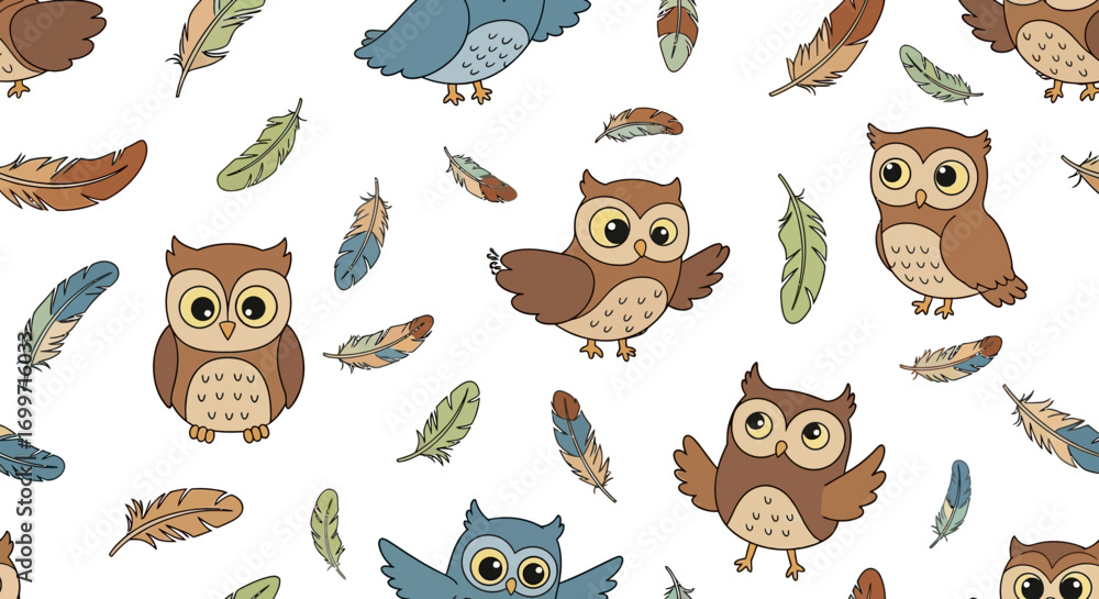 Fototapeta premium Cartoon Vector Pattern with Owl and Feather Elements in Cute Style