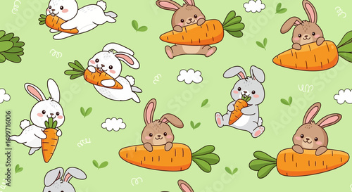 Cute Cartoon Vector Pattern with Bunny and Carrot Seamless Design Easter Illustration Green Background