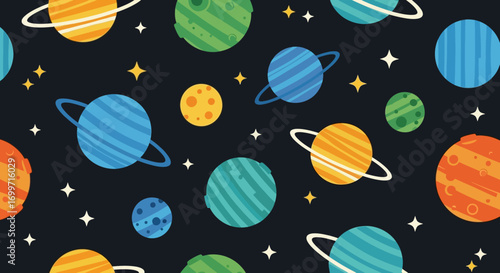 Cosmic Vector Pattern with Colorful Planets and Stars Decorative Space Illustration for Kid Friendly Designs