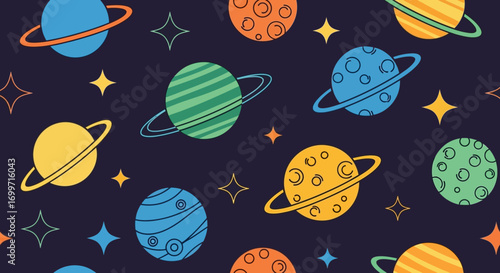 Planetary Vector Pattern with Stars Planet Orbits Space Design in Cute Style