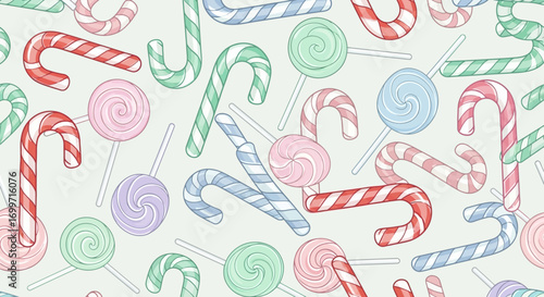 Sweet Candy Vector Pattern with Lollipops and Candy Canes in Pastel Color Palette for Festive Design