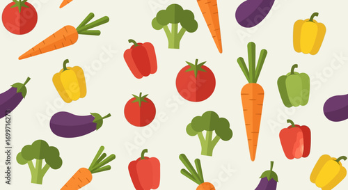Vegetable Vector Pattern Flat Design with Carrots Tomatoes Peppers Broccoli Eggplant Colorful and Organic Style