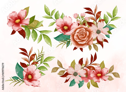 Beautiful watercolor floral arrangements with soft pink rose, peach blossoms and greenery