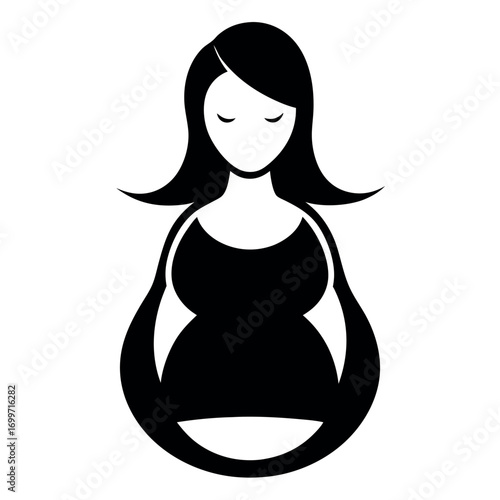 Stylized Black and White Illustration of a Pregnant Woman with Closed Eyes, Peaceful Demeanor