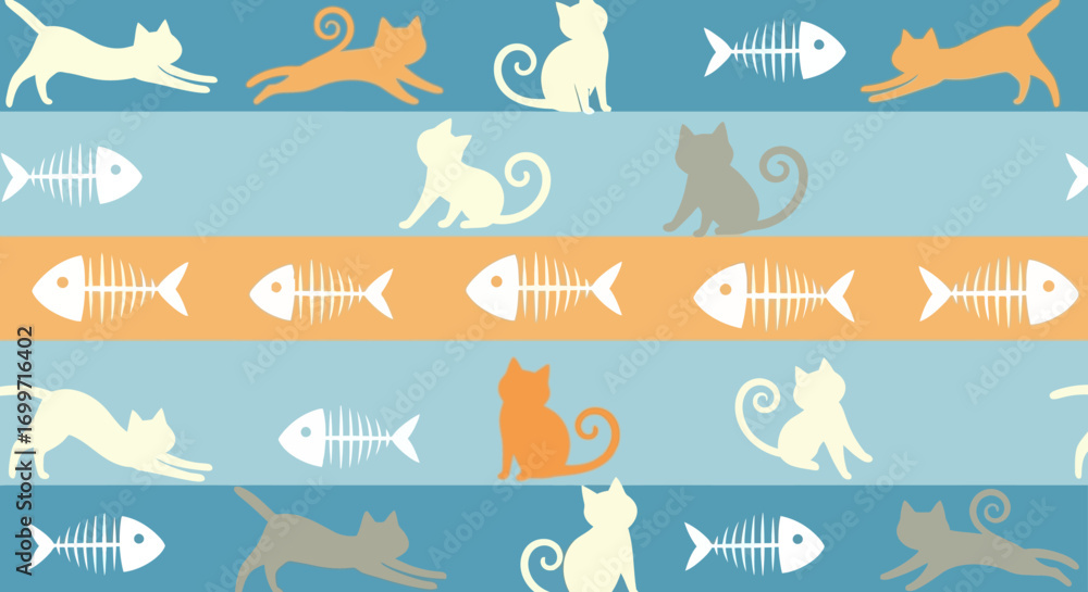 Fototapeta premium Animal Vector Pattern with Cat Silhouettes and Fishbone Icons in Striped Backgrounds Decorative Design