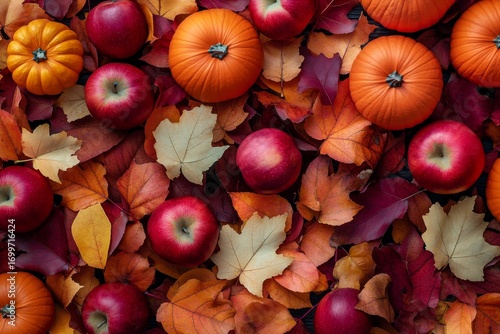 Vibrant autumnal display of ripe apples and pumpkins nestled amidst a rich tapestry of colorful leaves.