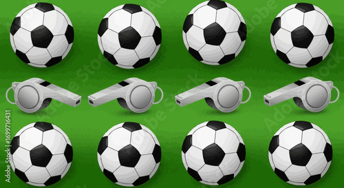 Repeating Vector Pattern with Soccer Balls and Whistles in Black and White over Green Background for Sports