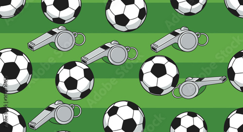 Sport Vector Pattern with Soccer Balls and Whistles on Green Background Modern Design