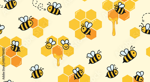 Cute Cartoon Vector Pattern with Honeycomb and Bee Elements in Decorative Style