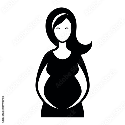Pregnant Woman Silhouette in Black Dress with Hands on Belly Illustration