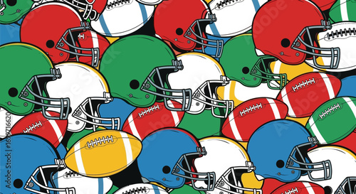 Seamless Vector Pattern with Football Helmets and Balls in Red Blue Green and Yellow Colors Sport Themed Design