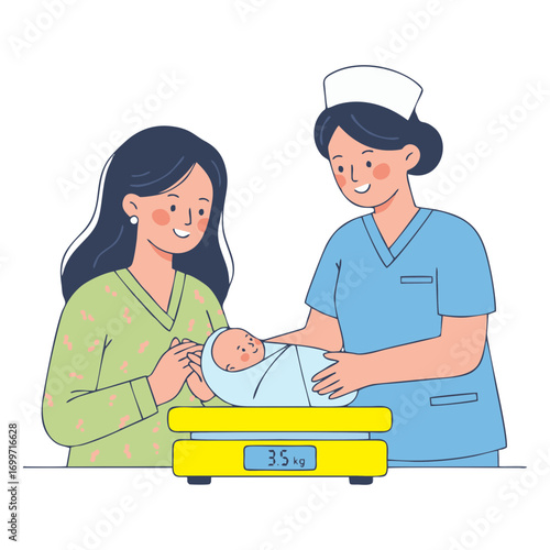 vector illustration of a nurse placing a baby on a scale, accompanied by its mother.  Isolated on a white background.
