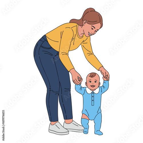 A flat vector illustration of a mother teaching her baby to walk by holding both hands. Set against a white background.
