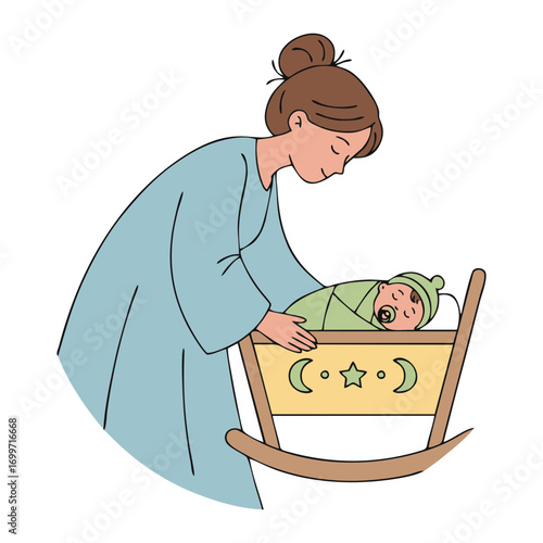  vector illustration of a mother putting her baby to sleep in a cradle. on a white background.
