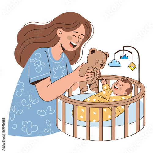 vector illustration of a mother playing with a teddy bear and laughing with her baby in a cradle. Isolated on a white background.
